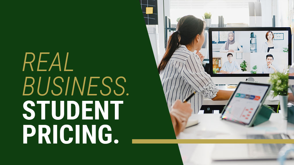 Barrister Suites Office Lease A student watches an online meeting with four people on a computer screen in a modern, bright workspace. Large text on the left reads: Real Business. Student Pricing.