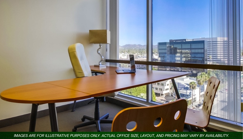 Barrister Suites Office Lease Modern office with a large wooden desk, two chairs, a lamp, and a laptop, featuring floor-to-ceiling windows overlooking tall buildings and a cityscape on a sunny day. Text at the bottom notes the image is illustrative.