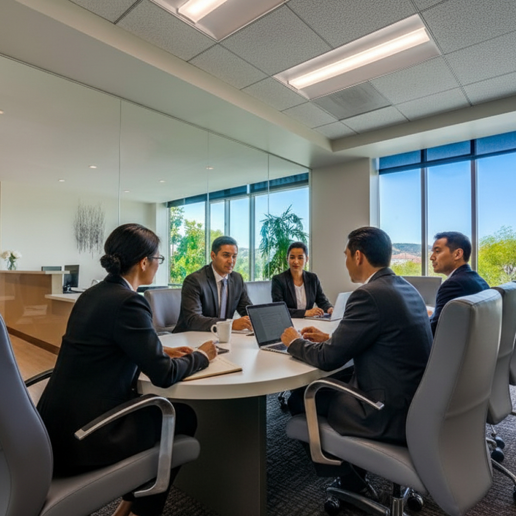 Barrister Suites Office Lease Five people in business attire sit around a conference table in a modern office with large windows, discussing and working together. Laptops, documents, and a coffee mug are on the table.