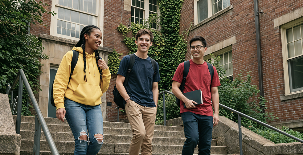 Barrister Suites Office Lease Three students walk down outdoor steps in front of a brick building, smiling and talking. The group includes one woman in a yellow hoodie and two men, one in a navy shirt and one in a red shirt holding a laptop.