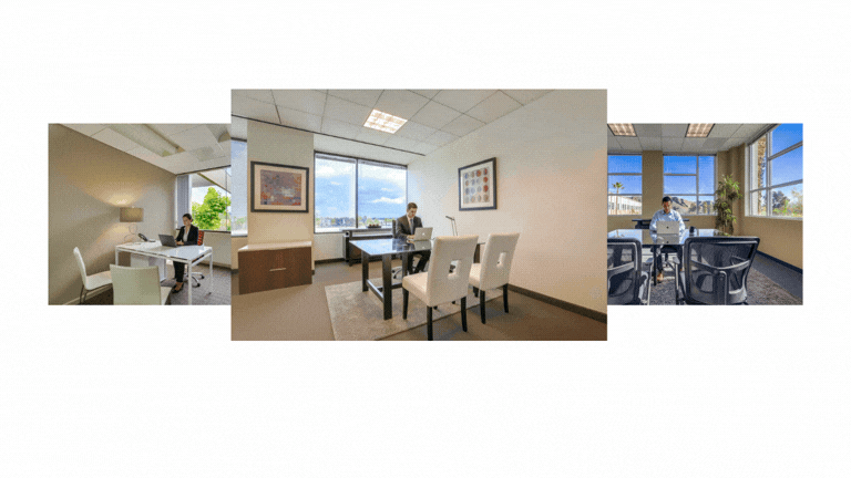 Barrister Suites Office Lease Three office scenes show individuals working alone at desks in modern, well-lit rooms with large windows and neutral-colored walls, each in a different workspace setting.