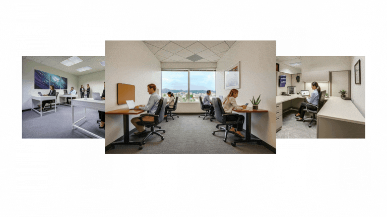 Barrister Suites Office Lease A collage shows three modern office spaces: an open workspace with standing desks, a mid-sized office with people at desks, and a private office where a person is working on a computer.