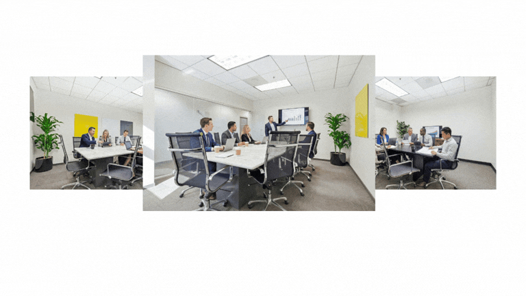 Barrister Suites Office Lease Three overlapping images show a business meeting in a modern conference room, with people in suits seated around a long table, discussing and working on laptops. The room has white walls, plants, and bright lighting.