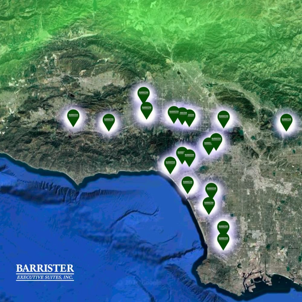 Barrister Suites Office Lease A map of the Los Angeles area shows green location pins highlighting multiple Barrister Executive Suites office locations. The land and coastline are visible, with the Barrister logo at the bottom left.