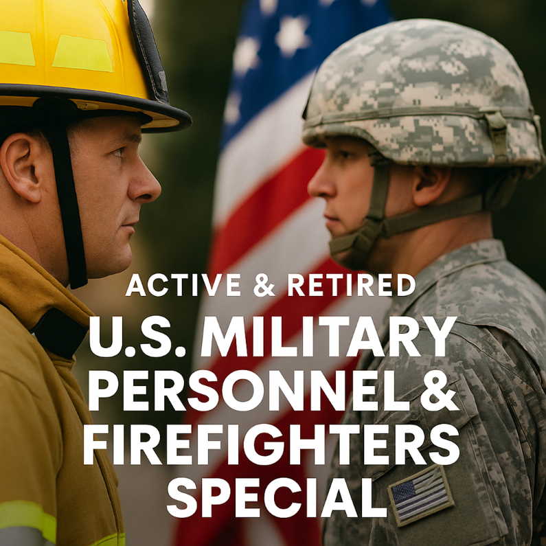 Barrister Suites Office Lease A firefighter and a soldier stand face to face outdoors. White text over the image reads: Active & Retired U.S. Military Personnel & Firefighters Special.