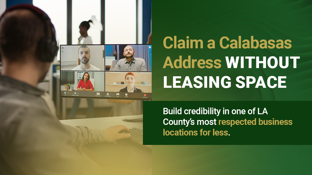 Barrister Suites Office Lease A person participates in a video conference on a computer screen with four other people. The text promotes claiming a Calabasas address without leasing space to build credibility in LA County’s respected business locations.