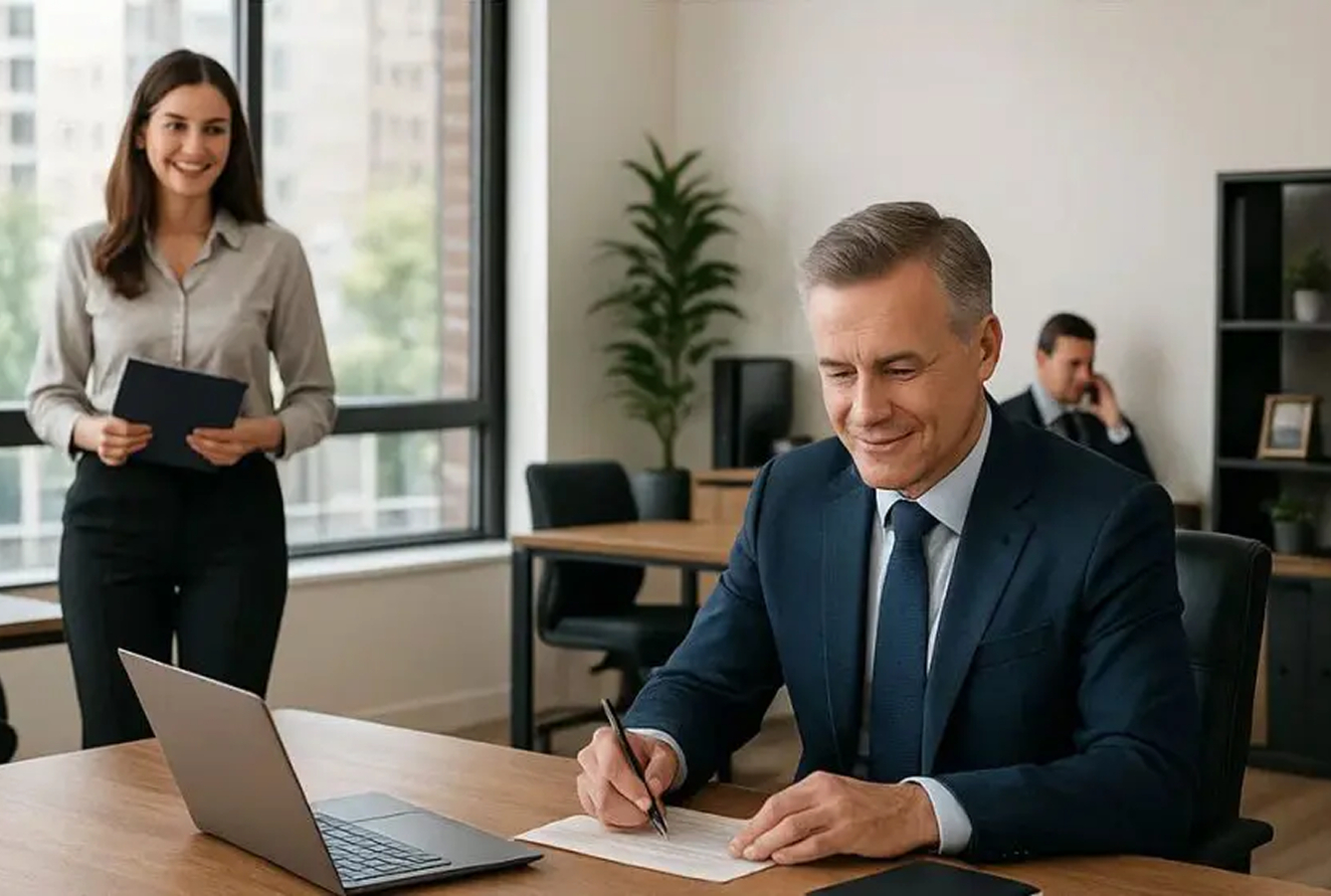 Barrister Suites Office Lease A man in a suit writes on paper at a desk with a laptop, while a woman holding a folder stands and smiles in the background. Another man is on the phone at a desk in an office setting.