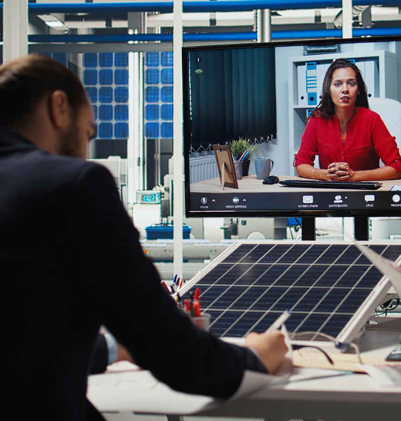 Barrister Suites Office Lease A man takes notes while video conferencing with a woman on a computer screen in an office with solar panels and blueprints on the desk.