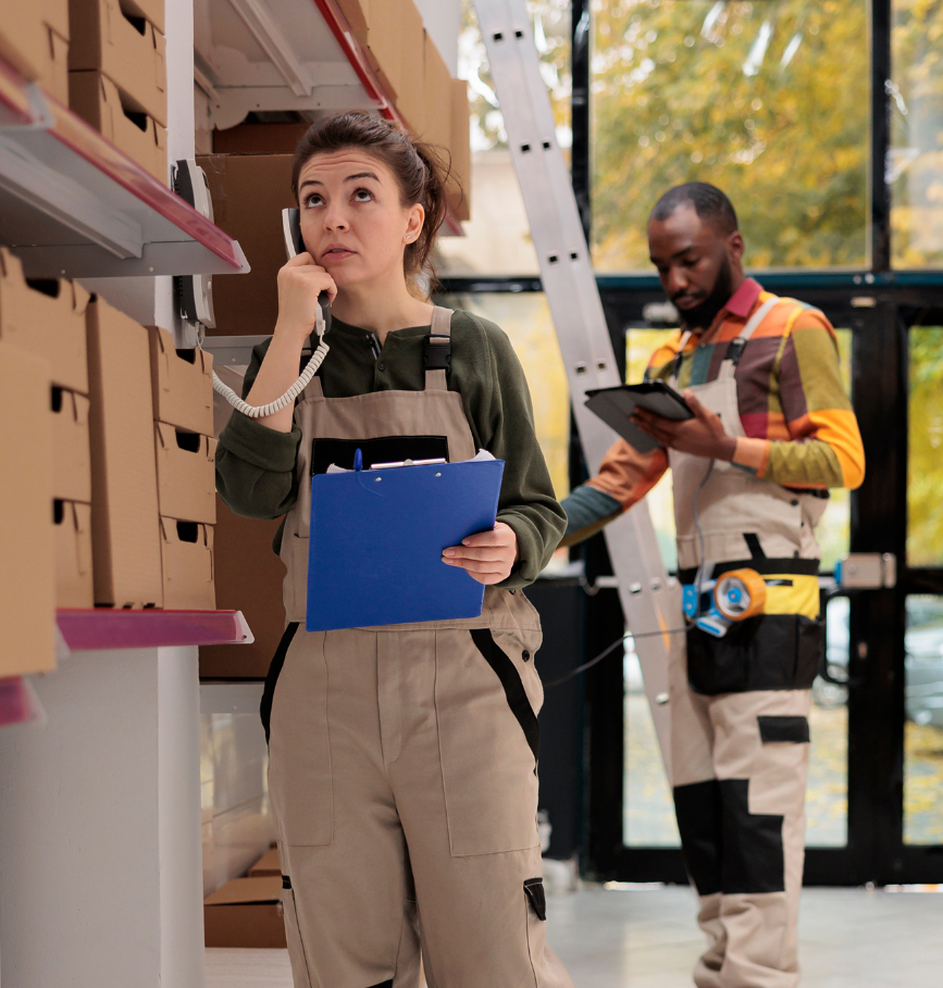 Barrister Suites Office Lease A woman in work overalls talks on the phone while holding a blue clipboard in a warehouse. Behind her, a man in overalls checks boxes on shelves with a tablet. Both are focused on their tasks.