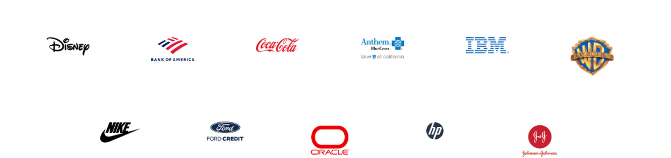 Barrister Suites Office Lease A row of twelve logos for major companies, including Disney, Bank of America, Coca-Cola, Anthem Blue Cross, IBM, Warner Bros, Nike, Ford Credit, Oracle, HP, and Johnson & Johnson, all on a white background.