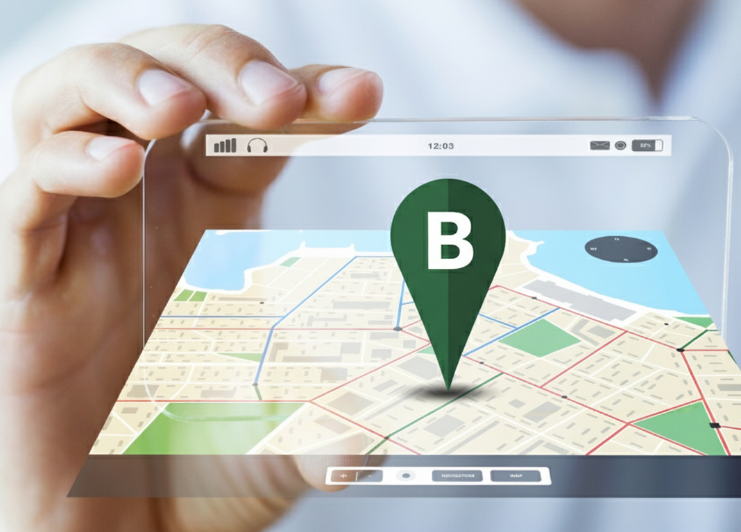 Barrister Suites Office Lease A hand holds a transparent tablet displaying a digital map with a large green location pin marked B and map details, suggesting navigation or directions.