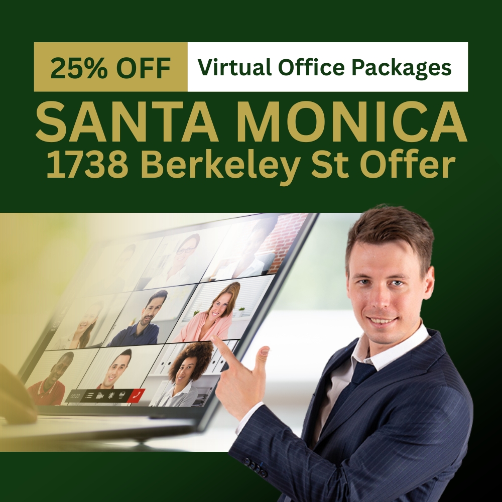 Barrister Suites Office Lease A man in a suit points at a laptop screen showing a virtual meeting. Text reads: “25% OFF Virtual Office Packages, SANTA MONICA, 1738 Berkeley St Offer” on a green background.