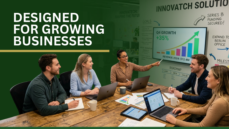 Barrister Suites Office Lease Five professionals sit around a conference table with laptops, discussing a growth chart on a screen. Text reads Designed for Growing Businesses. The room has business charts and notes on the walls.