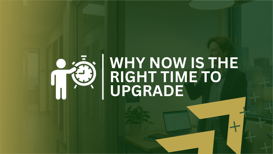Barrister Suites Office Lease A graphic shows an icon of a person pointing at a clock beside the text, “Why now is the right time to upgrade,” with a blurred office background and yellow geometric shapes.