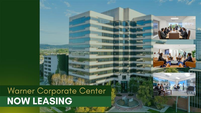 Barrister Suites Office Lease A modern office building with glass windows labeled Warner Corporate Center NOW LEASING, featuring three smaller images of professional office and meeting spaces in use.