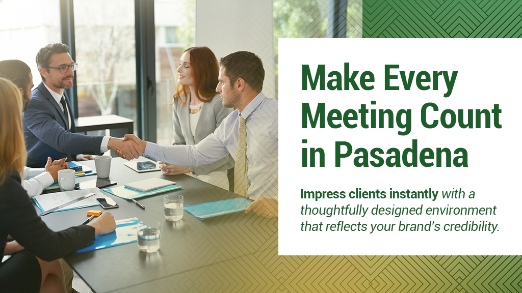 Barrister Suites Office Lease Four professionally dressed people sit at a conference table in a bright office. Two are shaking hands and smiling. Text on the right reads, Make Every Meeting Count in Pasadena.