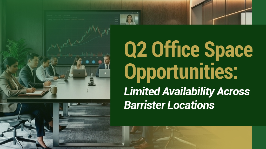 Barrister Suites Office Lease A group of professionals in a modern conference room watch a video presentation featuring a stock market graph and a speaker. Text overlay reads: Q2 Office Space Opportunities: Limited Availability Across Barrister Locations.