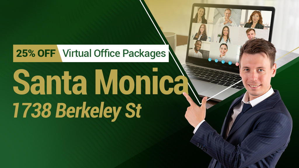 Barrister Suites Office Lease A man in a suit points to text offering 25% off virtual office packages in Santa Monica at 1738 Berkeley St. Behind him is a laptop showing a video call with several people.