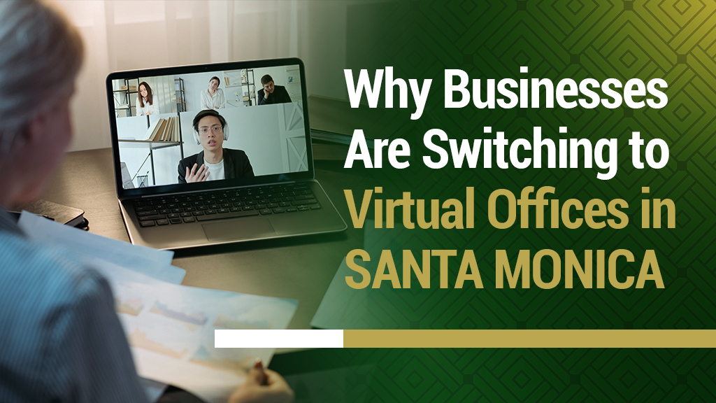 Barrister Suites Office Lease A person sits at a desk with papers, participating in a video conference on a laptop. Text on the image reads: Why Businesses Are Switching to Virtual Offices in SANTA MONICA.