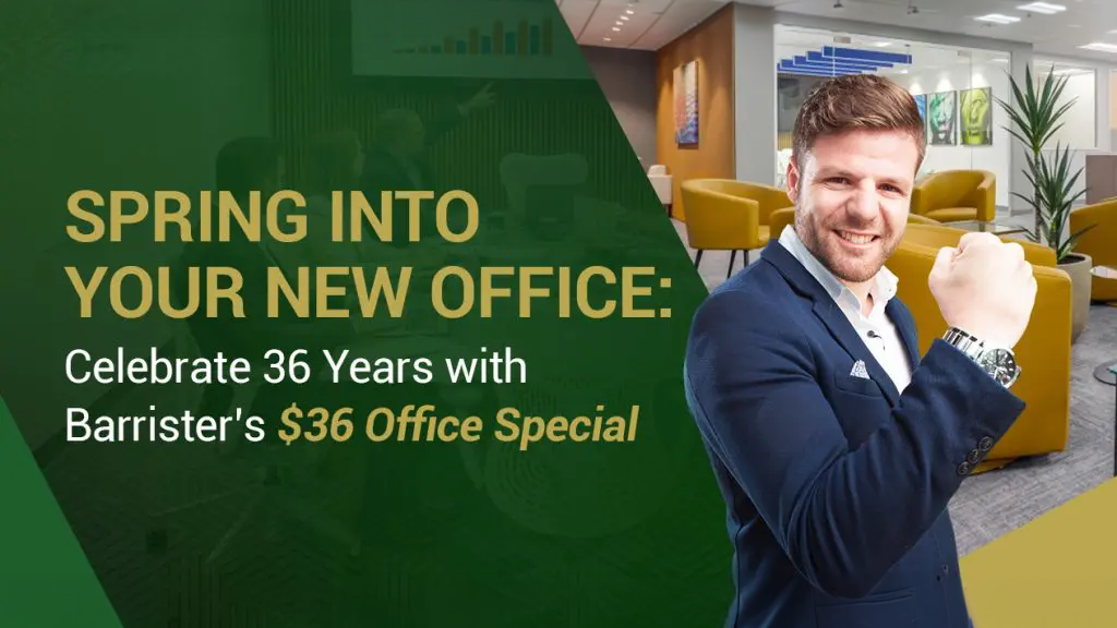 Barrister Suites Office Lease A smiling man in a suit makes a fist pump in a modern office. Text reads: Spring Into Your New Office: Celebrate 36 Years with Barristers $36 Office Special. Yellow chairs and green tones decorate the background.
