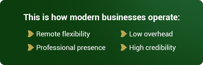 Barrister Suites Office Lease Dark green background with white text: This is how modern businesses operate: followed by four points—Remote flexibility, Professional presence, Low overhead, and High credibility—each with a gold arrow bullet.