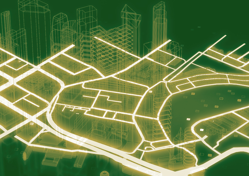 Barrister Suites Office Lease Digital illustration of a city map with glowing, neon yellow street lines, abstract buildings, roads, and a large body of water, all set against a dark green background.