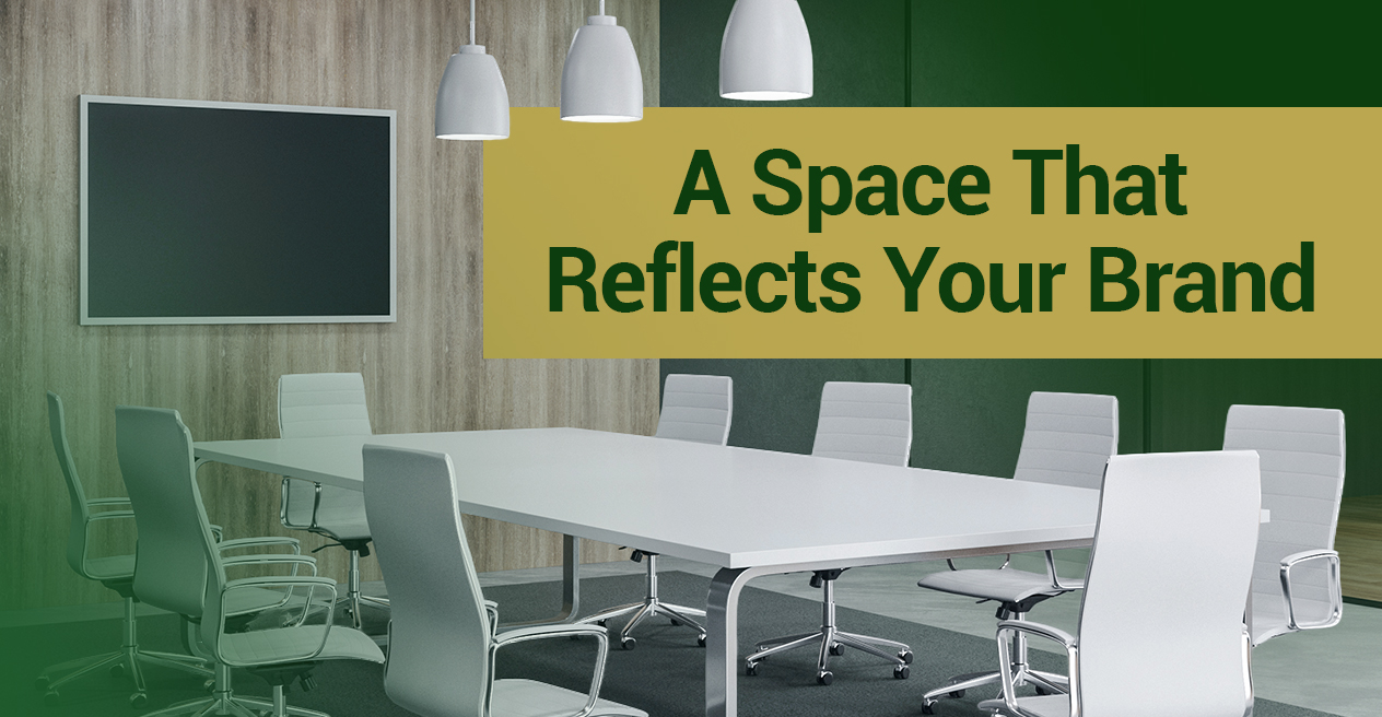 Barrister Suites Office Lease A modern conference room with a white table, white office chairs, hanging pendant lights, a blank wall-mounted screen, and text overlay reading A Space That Reflects Your Brand.