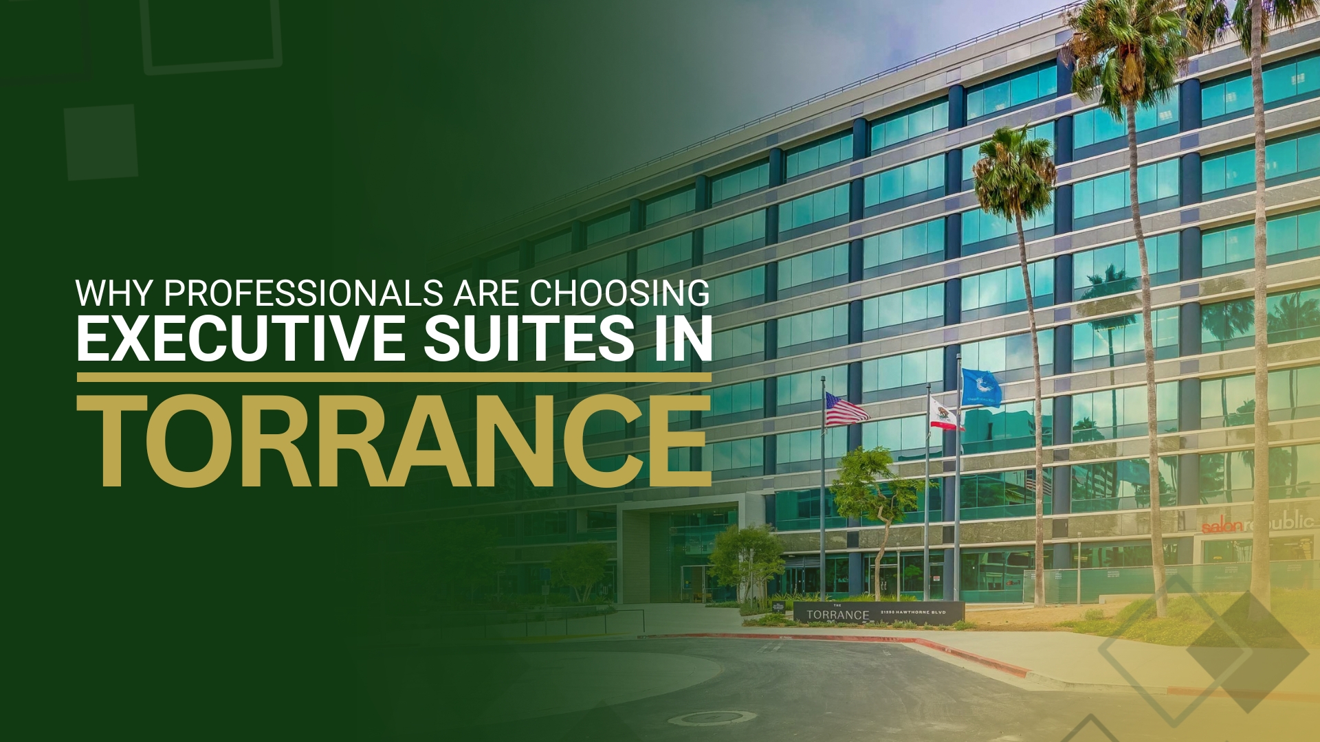 Barrister Suites Office Lease A modern office building with palm trees and American and Texas flags outside, overlaid with text: Why professionals are choosing executive suites in Torrance.