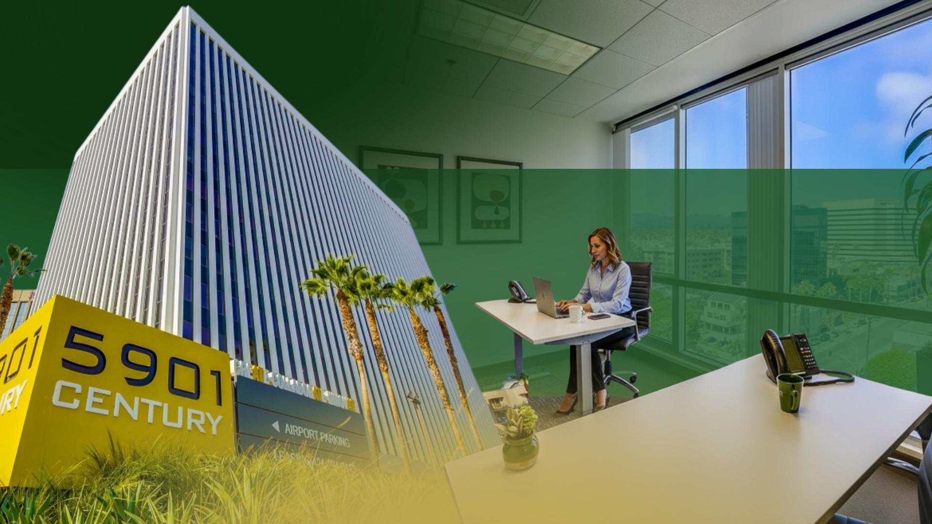 Barrister Suites Office Lease A modern office building with 5901 Century on a yellow sign is shown on the left, while a woman works at a desk by large windows in a bright, spacious office on the right.