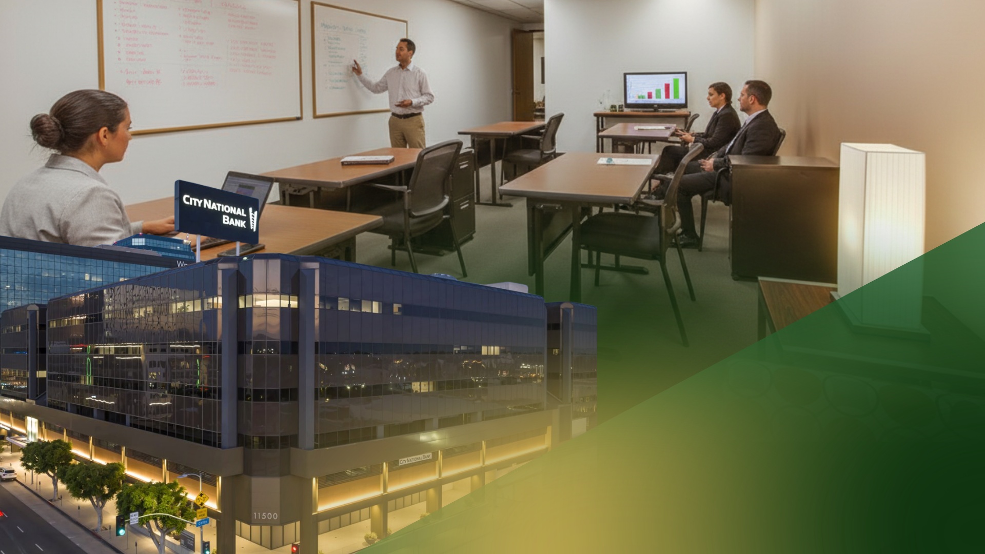 Barrister Suites Office Lease A man presents at a whiteboard to three people in a conference room, while the lower section shows an exterior view of a modern office building at dusk.