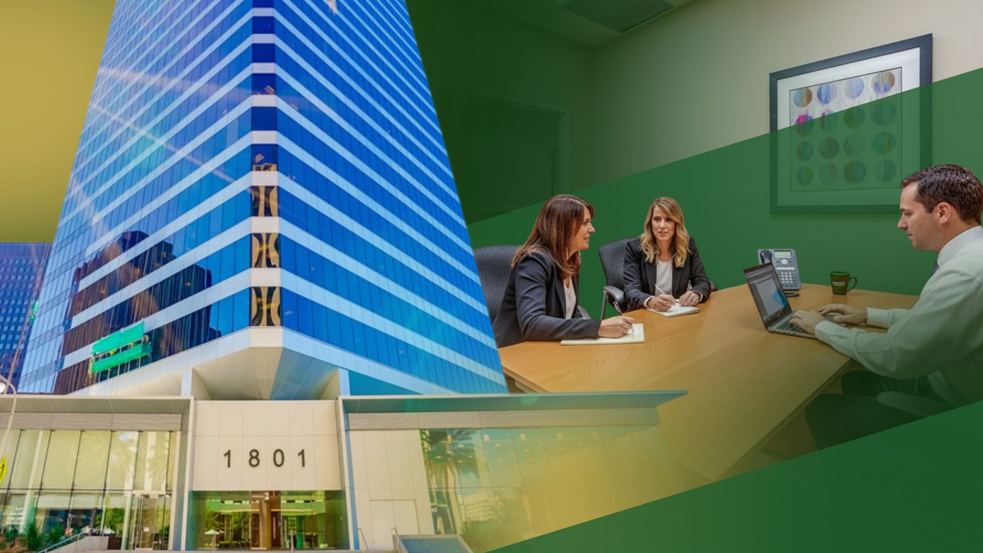 Three professionals sit at a conference table in a meeting room, with a tall blue glass skyscraper visible to the left.