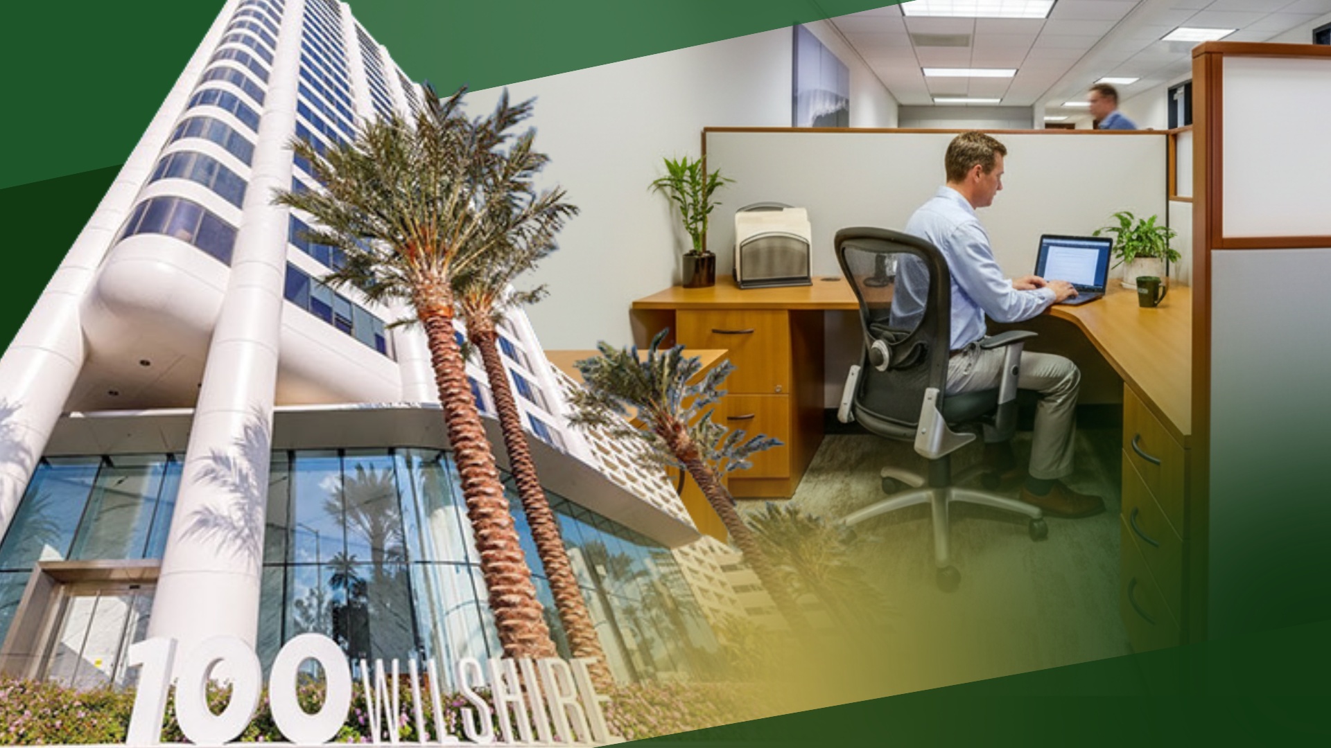 Barrister Suites Office Lease A man works at a laptop in a modern office cubicle, overlaid with an exterior view of a tall building labeled 100 Wilshire with palm trees in front.