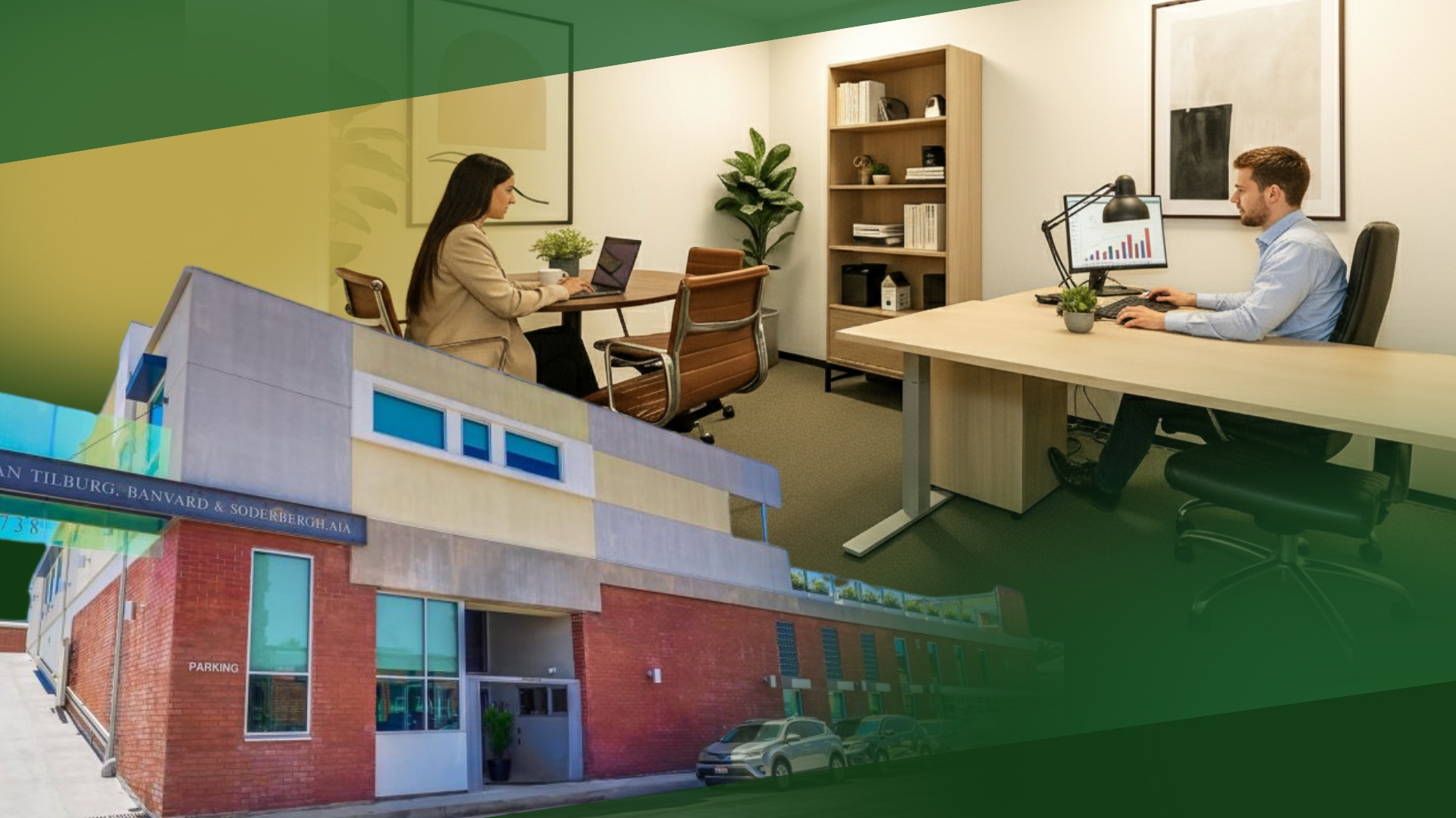 Split collage: a modern office with two people working at desks, overlaid on a brick corporate building exterior with a parking lot.