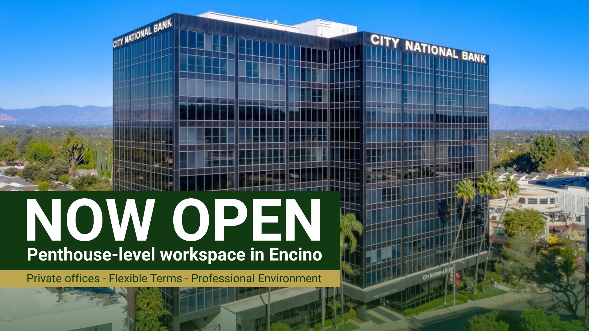 Barrister Suites Office Lease A glass office building with CITY NATIONAL BANK on top, surrounded by trees. A banner reads: NOW OPEN: Penthouse-level workspace in Encino. Private offices - Flexible Terms - Professional Environment.