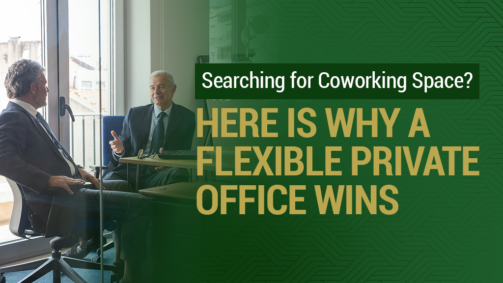 Barrister Suites Office Lease Two men in suits talk at a small table in a modern office with large windows. Overlaid text reads: Searching for Coworking Space? HERE IS WHY A FLEXIBLE PRIVATE OFFICE WINS.