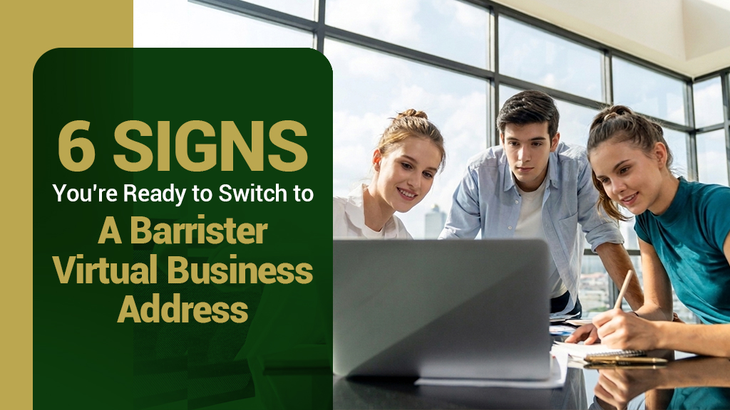 Barrister Suites Office Lease Three people look at a laptop in a modern office. Text on the left reads: 6 Signs Youre Ready to Switch to A Barrister Virtual Business Address.