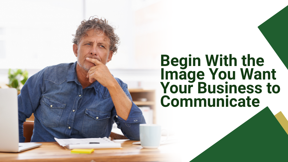 Barrister Suites Office Lease A man sits at a desk with papers and a laptop, appearing thoughtful. Text reads, Begin With the Image You Want Your Business to Communicate. Geometric shapes accent the right side.