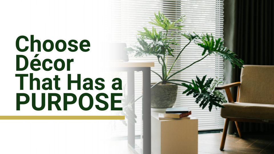 Barrister Suites Office Lease A modern living room with a large plant, beige armchair, and blinds. Text on the left reads, Choose Décor That Has a PURPOSE. Light streams in from a window behind the plant.