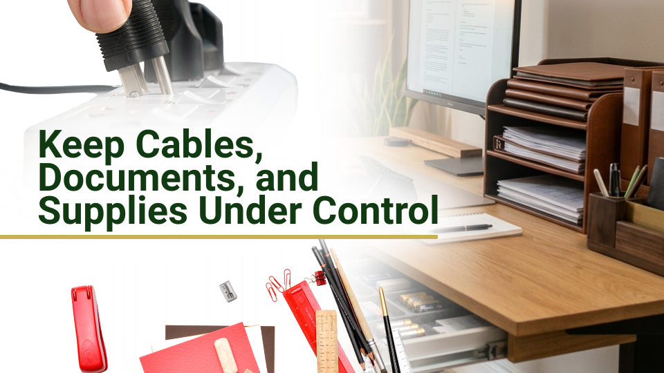 Barrister Suites Office Lease A hand plugs a cable into a power strip near an organized desk with shelves, papers, and office supplies, with the text: “Keep Cables, Documents, and Supplies Under Control.”.