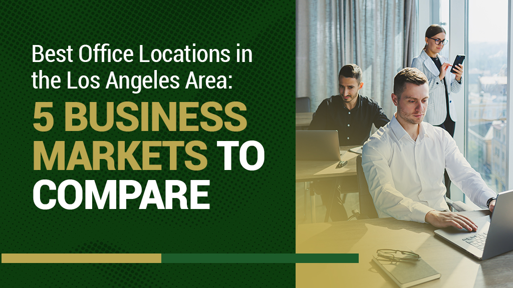 Barrister Suites Office Lease Three people work on laptops and tablets in a modern office with large windows. Text overlay reads, Best Office Locations in the Los Angeles Area: 5 Business Markets to Compare.
