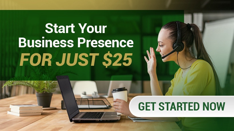 Barrister Suites Office Lease A woman wearing a headset waves at her laptop, holding a coffee cup. Text reads, Start Your Business Presence FOR JUST $25. A green button says, GET STARTED NOW.