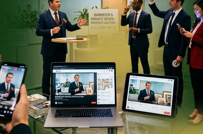 Barrister Suites Office Lease A property auctioneer holds a gavel, speaking to bidders in an office, while people record and watch the event on laptops and phones, both in person and online.