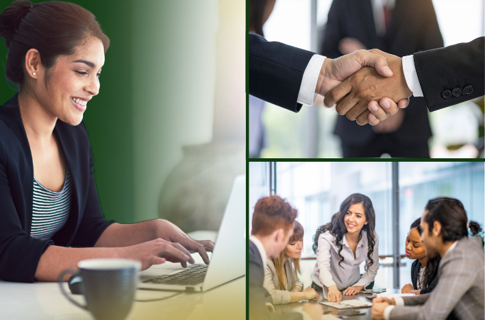 Barrister Suites Office Lease A woman types on a laptop; a handshake; a group of professionals in a meeting, with one woman leading the discussion.