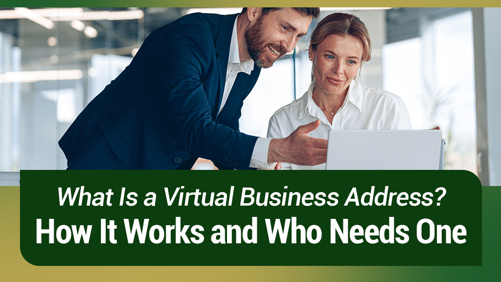 Barrister Suites Office Lease A man and woman in business attire look at a laptop together. Text reads: What is a virtual business address? How it works and who needs one.