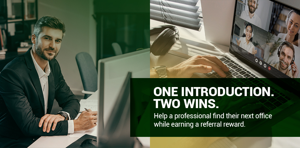 Banner: professional at a desk with a laptop showing a video call, promoting a referral reward for helping find office space.