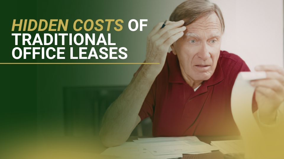 Barrister Suites Office Lease A concerned man in a red shirt looks at a long receipt, with paperwork on the table. Text reads: Hidden costs of traditional office leases..