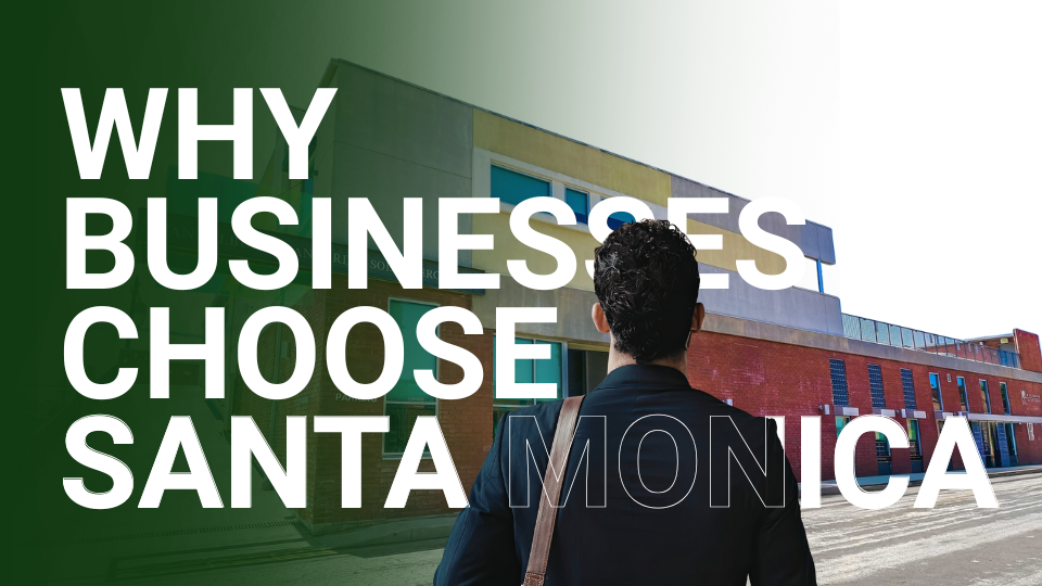 Man walking toward a modern brick building with bold white text: 'Why Business Choose Santa Monica'.