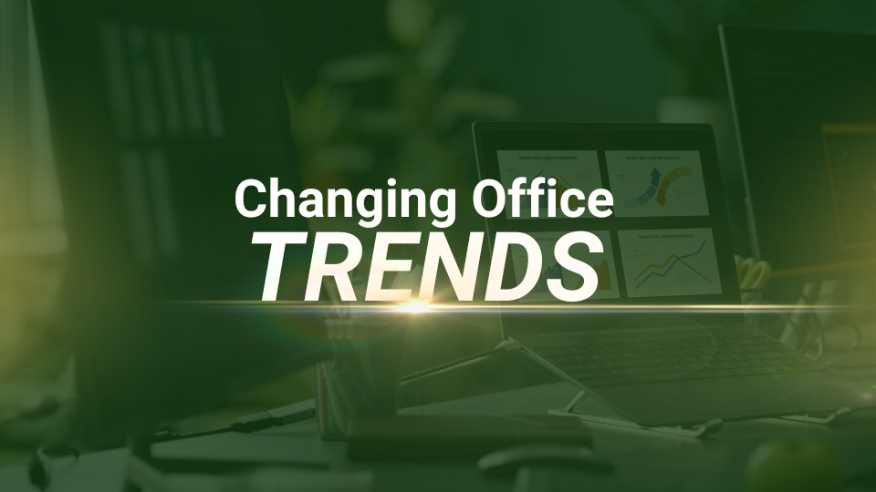 Barrister Suites Office Lease Laptop displaying graphs on a desk with the text Changing Office Trends in bold, overlaying a blurred office background.
