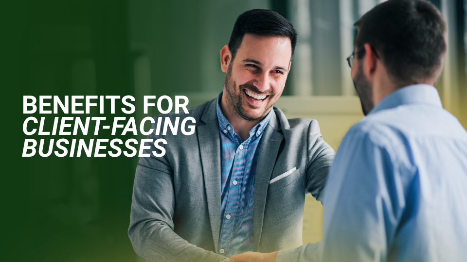 Barrister Suites Office Lease Two men in business attire shake hands and smile. The text beside them reads, Benefits for client-facing businesses in bold, emphasizing advantages for companies that interact directly with clients.