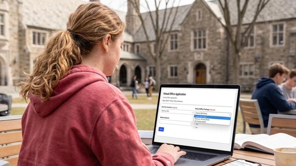Barrister Suites Office Lease A person in a red hoodie uses a laptop outdoors on a college campus, completing a virtual office application form on the screen. Books are open beside the laptop on the table.